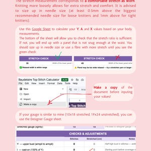 Może przedstawiać: Dokument instruktażowy zatytułowany IMPORTANT: Stretch check, zawierający arkusz kalkulacyjny Baudelaire Top Stitch Calculator. Zawiera wytyczne dotyczące wsp&oacute;łczynnik&oacute;w rozciągliwości, rozmiar&oacute;w drut&oacute;w oraz tabelę kontroli i regulacji z kolumnami dla oczek i rozciągniętych cm.