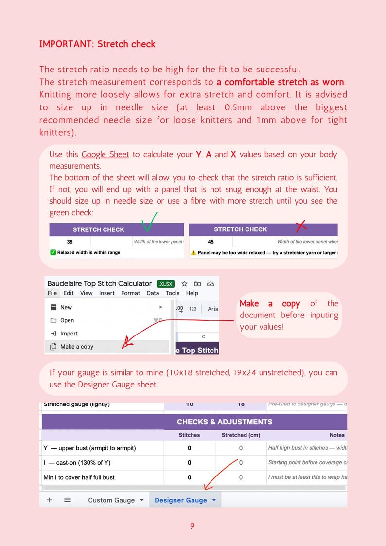 Może przedstawiać: Dokument instruktażowy zatytułowany IMPORTANT: Stretch check, zawierający arkusz kalkulacyjny Baudelaire Top Stitch Calculator. Zawiera wytyczne dotyczące wsp&oacute;łczynnik&oacute;w rozciągliwości, rozmiar&oacute;w drut&oacute;w oraz tabelę kontroli i regulacji z kolumnami dla oczek i rozciągniętych cm.