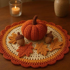 May include: A round, crocheted doily featuring a cream-coloured centre with a scalloped border in shades of orange and rust. The doily is decorated with a central crocheted orange pumpkin, two small brown crocheted acorns, and four crocheted leaves.