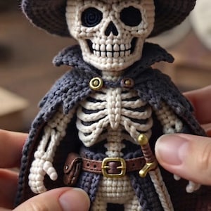 Puede incluir: Una muñeca esqueleto tejida a ganchillo que lleva un sombrero de ala ancha gris oscuro y una capa a juego sujeta con un botón dorado. La figura presenta un cinturón marrón con hebilla dorada, una pequeña bolsa y una espada en miniatura.
