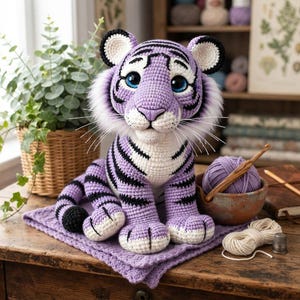 Puede incluir: Un tigre de ganchillo hecho a mano con hilo de color morado claro con rayas negras, detalles blancos en el hocico, el pecho y el interior de las orejas, y grandes ojos azules de plástico. El peluche tiene largos bigotes blancos y melena.