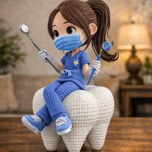 Puede incluir: Una muñeca de ganchillo con cabello castaño en coleta, vistiendo una casaca azul, pantalones azules y una mascarilla azul. La muñeca está sentada sobre un diente grande de ganchillo blanco y sostiene un espejo dental plateado y un instrumento azul.