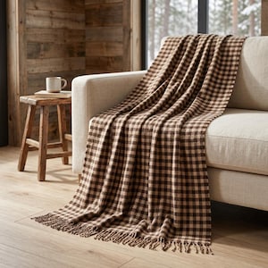 Manta a cuadros marrones / Manta tejida a cuadros para sofá / Manta acogedora con borlas / Decoración rústica para el hogar