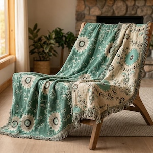 Doppelseitige Baumwoll-Tagesdecke, nordische Jacquard-Tagesdecke, grüner Boho-Sofabezug
