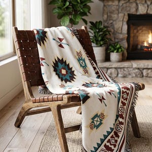 Puede incluir: Una manta tejida con una base de color crema y un patrón geométrico repetitivo en tonos verde azulado, marrón oscuro y rojo apagado. La manta tiene un borde con flecos y está colocada sobre una silla de madera con correas de cuero trenzadas.