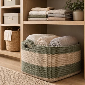 May include: A large, rectangular, hand-crocheted storage basket featuring horizontal stripes in sage green and cream. The basket has two integrated handles and is filled with three neatly rolled, soft-textured towels in neutral shades.