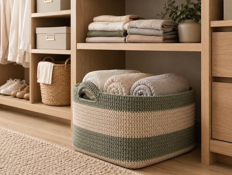 May include: A large, rectangular, hand-crocheted storage basket featuring horizontal stripes in sage green and cream. The basket has two integrated handles and is filled with three neatly rolled, soft-textured towels in neutral shades.