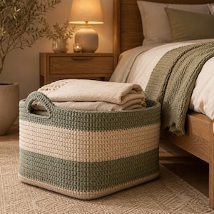 May include: A round, crocheted storage basket featuring horizontal stripes in sage green and cream. The basket has two integrated handles on opposite sides and is filled with folded, neutral-colored fabric textiles, showcasing a textured stitch pattern.