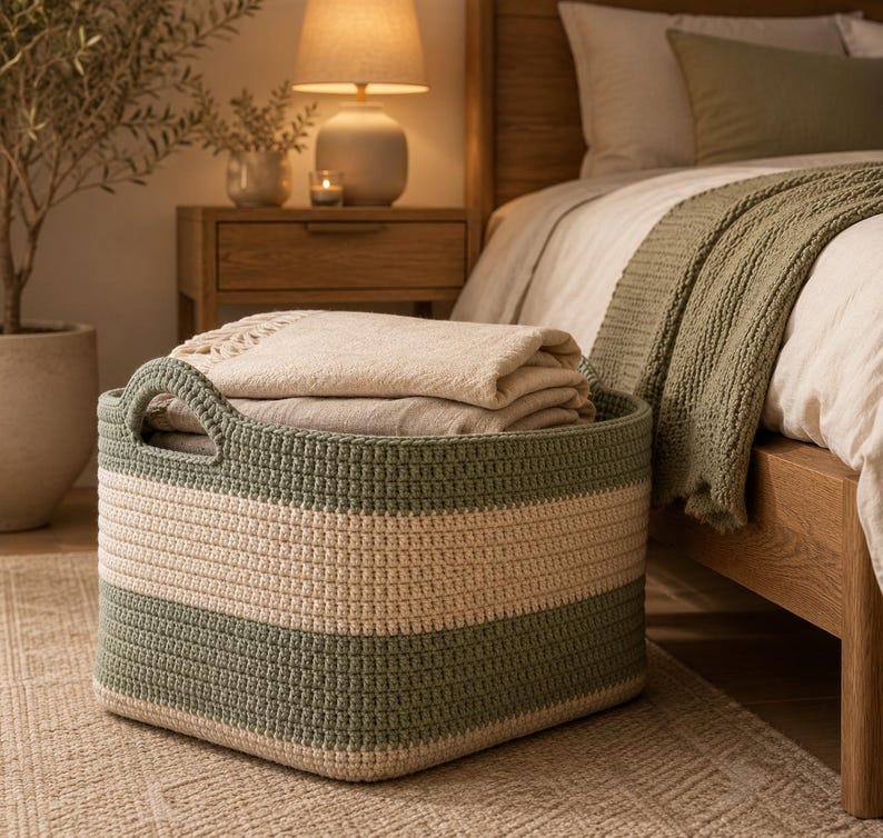 May include: A round, crocheted storage basket featuring horizontal stripes in sage green and cream. The basket has two integrated handles on opposite sides and is filled with folded, neutral-colored fabric textiles, showcasing a textured stitch pattern.