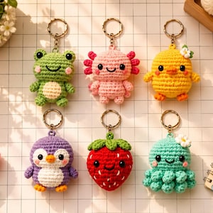 Peut inclure: Six porte-clés en crochet représentant une grenouille verte, un axolotl rose, un poussin jaune, un pingouin violet, une fraise rouge et une pieuvre bleu clair. Chaque figurine possède des yeux en perles noires et un anneau métallique doré.