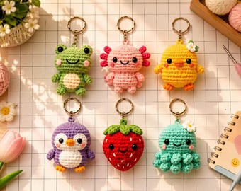 Amigurumi Keychain Crochet Pattern Bundle, 6 Animal PDF Designs (Frog, Axolotl, Chick)
