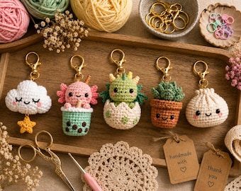 Crochet Keychain Pattern Bundle, Amigurumi Cloud Dragon Boba Succulent Dumpling PDF Digital Download