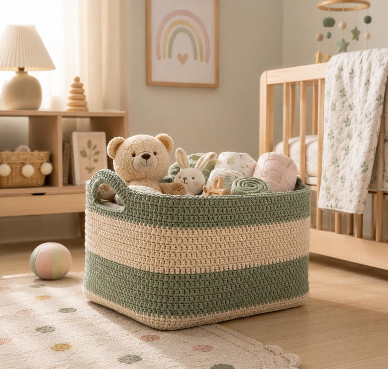 May include: A rectangular woven storage basket featuring horizontal stripes in sage green and cream. The basket has two integrated handles and is filled with various plush toys, including a tan teddy bear and a white rabbit, along with folded textiles.