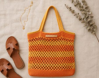 Citrus Sunrise Ombré Crochet Market Tote Bag Pattern | Mesh Beach Shoulder Bag PDF