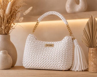 Chunky Crochet Handbag Pattern, Chain Strap Shoulder Bag, Boho Tassel Purse PDF Digital Download
