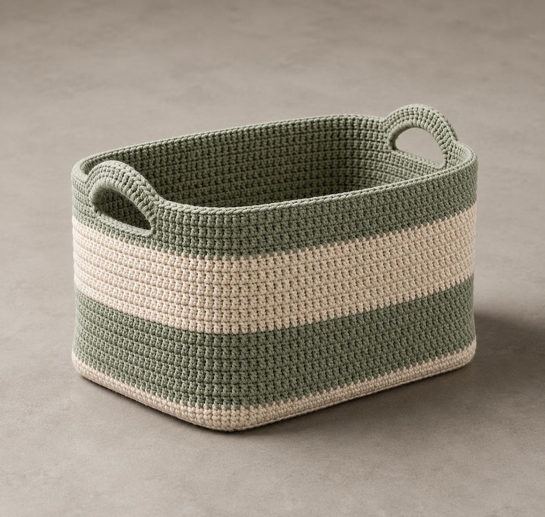 May include: A rectangular storage basket crafted from crocheted yarn, featuring horizontal stripes in sage green and cream. The basket has rounded corners and two integrated handles built into the upper rim on the shorter sides of the structure.