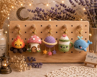 Amigurumi Keychain Pattern Bundle, Crochet Whale Mushroom Planet Campfire Latte PDF Download