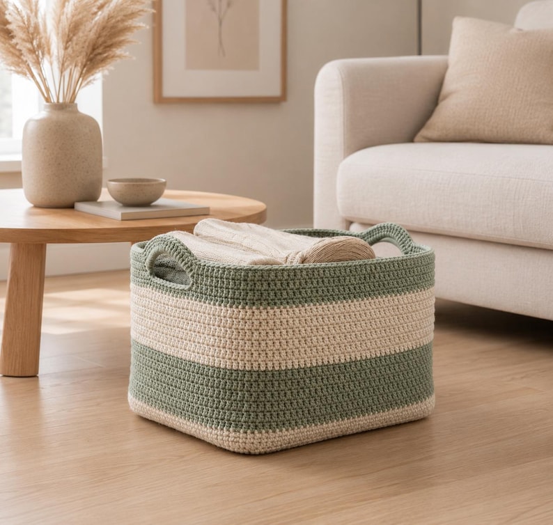 May include: A square-shaped storage basket crafted from thick, crocheted yarn featuring horizontal stripes in sage green and cream. The basket includes two integrated handles on opposite sides and contains a folded, light-colored textile item.