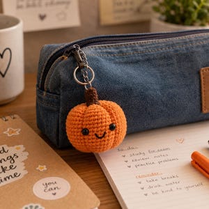 May include: A blue denim pencil case with a zipper closure and a brown leather-like patch featuring the text STUDY DREAM PLAN DO. A small, round, orange crocheted pumpkin keychain with a brown stem and a smiling face hangs from the zipper pull.
