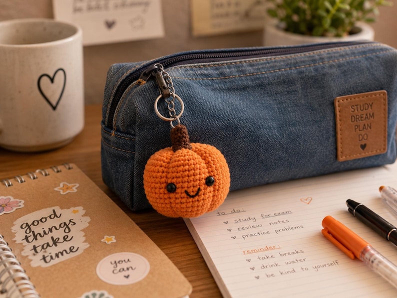 May include: A blue denim pencil case with a zipper closure and a brown leather-like patch featuring the text STUDY DREAM PLAN DO. A small, round, orange crocheted pumpkin keychain with a brown stem and a smiling face hangs from the zipper pull.