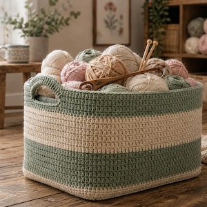 May include: A rectangular crochet basket featuring horizontal stripes in sage green and cream. The basket is filled with various balls of yarn in neutral and soft tones, along with two wooden knitting needles and a wooden crochet hook resting on top.