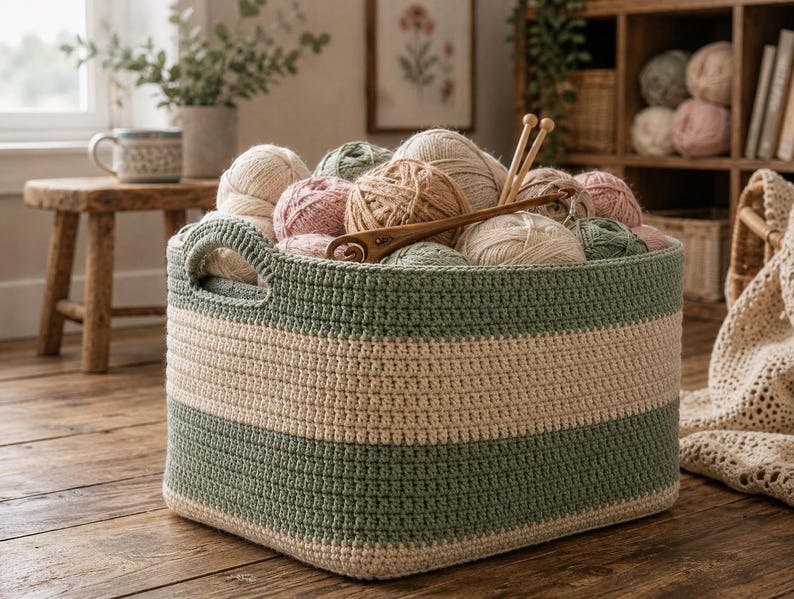 May include: A rectangular crochet basket featuring horizontal stripes in sage green and cream. The basket is filled with various balls of yarn in neutral and soft tones, along with two wooden knitting needles and a wooden crochet hook resting on top.