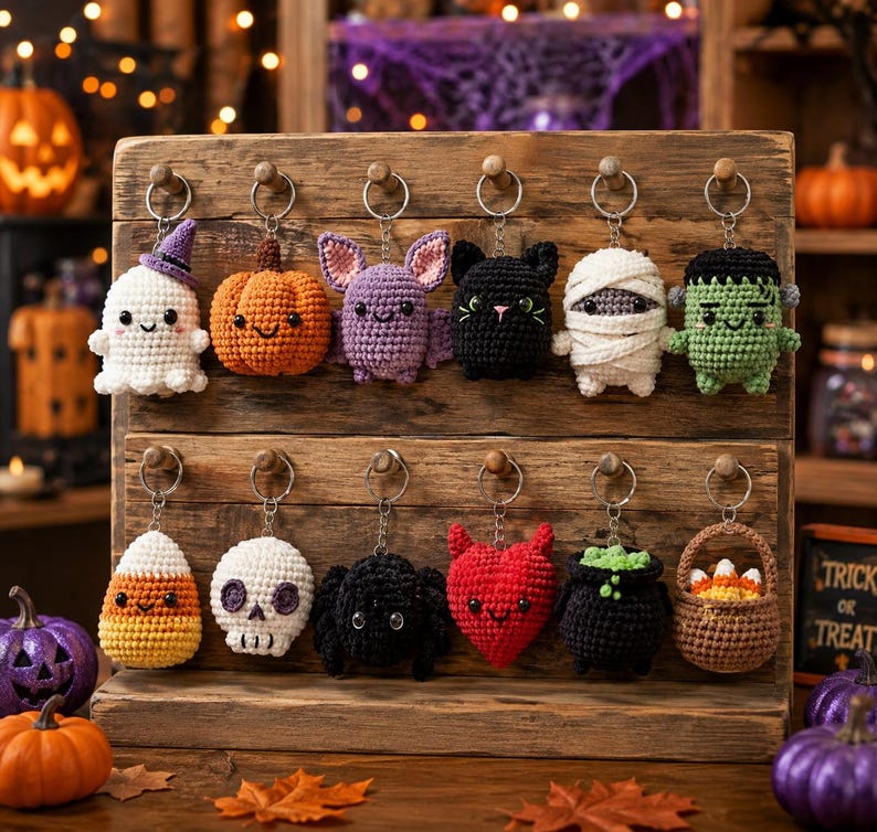 May include: A collection of twelve crocheted Halloween-themed keychains displayed on a wooden rack. The figures include a ghost, pumpkin, bat, black cat, mummy, Frankenstein monster, candy corn, skull, spider, red heart, cauldron, and a basket.