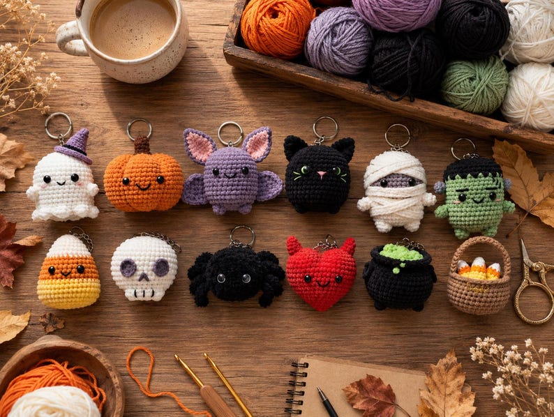 May include: A collection of twelve small crocheted Halloween-themed keychains including a ghost, pumpkin, bat, black cat, mummy, Frankenstein monster, candy corn, skull, spider, red heart, cauldron, and a small basket filled with candy corn pieces.