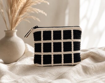Crochet Makeup Bag Pattern, Geometric Grid Cosmetic Pouch PDF