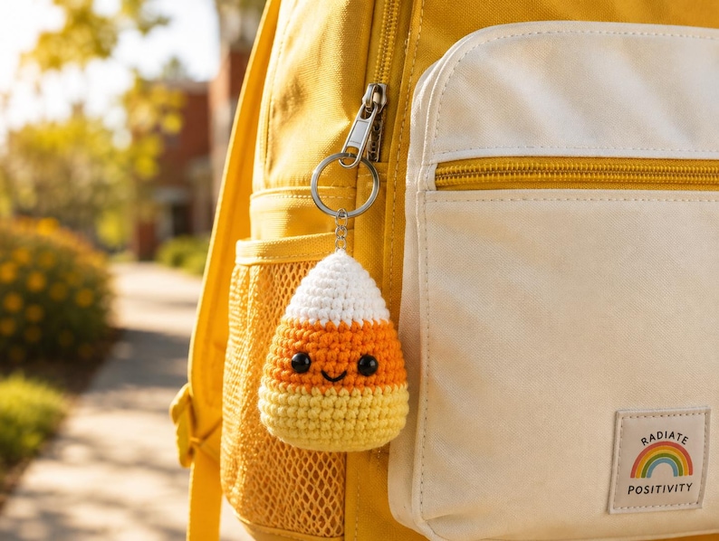 May include: A crochet candy corn keychain with a white top, orange middle, and yellow bottom, featuring two black safety eyes and a stitched black smile. The keychain is attached to a silver metal ring hanging from a yellow and white backpack.
