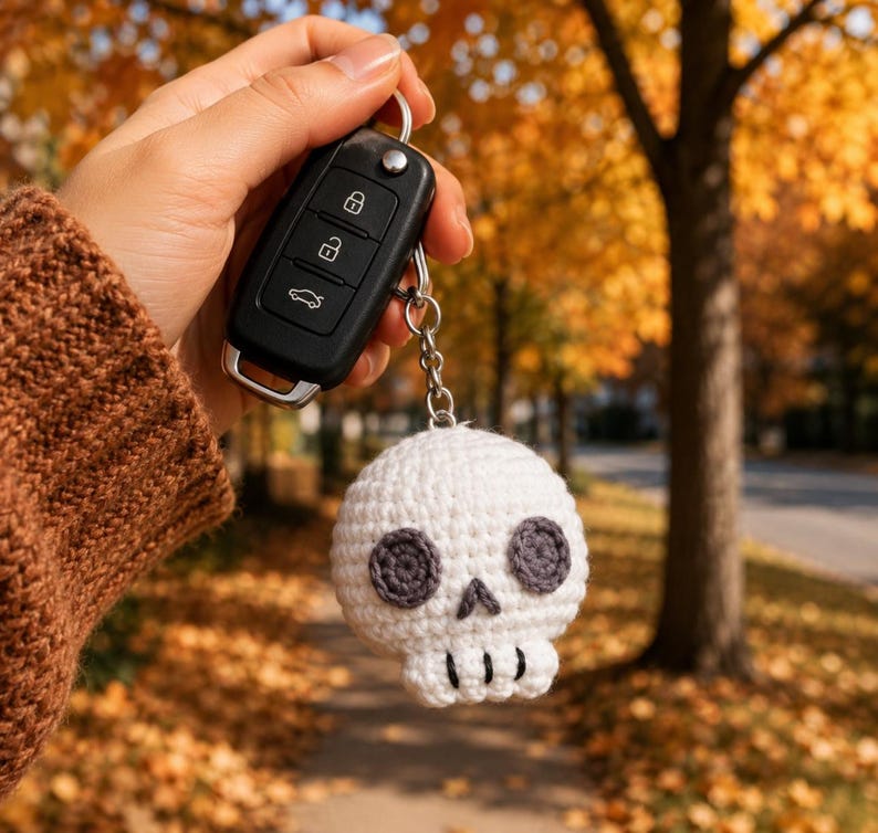 May include: A black plastic car key fob attached to a white crocheted skull keychain. The skull features dark gray circular eye sockets, a small triangular nose, and black stitched vertical lines representing teeth on the lower jaw section.