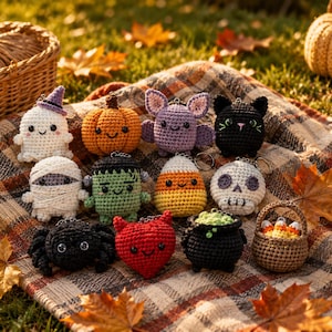 May include: A collection of twelve small crocheted Halloween-themed keychains including a white ghost, orange pumpkin, purple bat, black cat, white mummy, green monster, candy corn, skull, black spider, red heart, black cauldron, and a basket.
