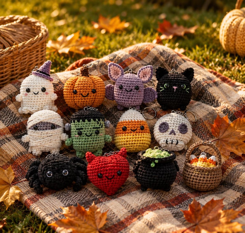 May include: A collection of twelve small crocheted Halloween-themed keychains including a white ghost, orange pumpkin, purple bat, black cat, white mummy, green monster, candy corn, skull, black spider, red heart, black cauldron, and a basket.