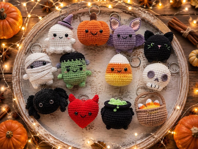May include: A collection of eleven crocheted Halloween-themed keychains featuring a ghost, pumpkin, bat, black cat, mummy, Frankenstein monster, candy corn, skull, spider, red heart with horns, black cauldron, and a basket of candy corn.