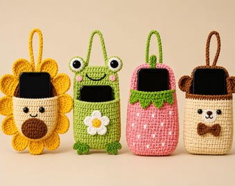 Crochet Phone Bag Pattern PDF, Sunflower Frog Strawberry Bear Cozy Pouch (Digital Download)