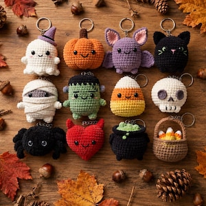 May include: A collection of twelve crocheted keychains featuring various figures including a ghost, pumpkin, bat, black cat, mummy, Frankenstein monster, candy corn, skull, spider, red heart, cauldron, and a basket filled with candy corn.