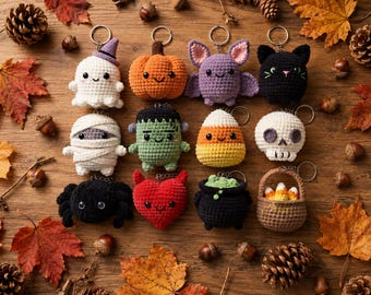 Halloween Crochet Keychain Pattern Bundle, 12 Mini Amigurumi PDF Designs (Digital Download)