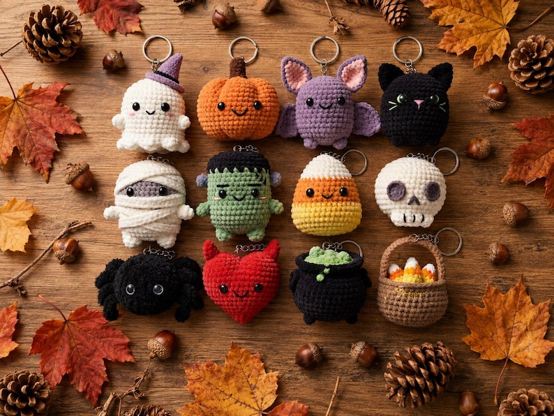 May include: A collection of twelve crocheted keychains featuring various figures including a ghost, pumpkin, bat, black cat, mummy, Frankenstein monster, candy corn, skull, spider, red heart, cauldron, and a basket filled with candy corn.