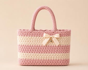 Pink Striped Crochet Tote Bag Pattern | Ribbon Bow Handbag PDF