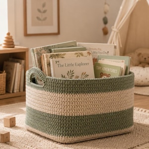 May include: A rectangular crochet storage basket featuring alternating horizontal stripes of sage green and cream yarn. The basket has integrated side handles and is filled with several children's books, including titles like The Little Explorer.
