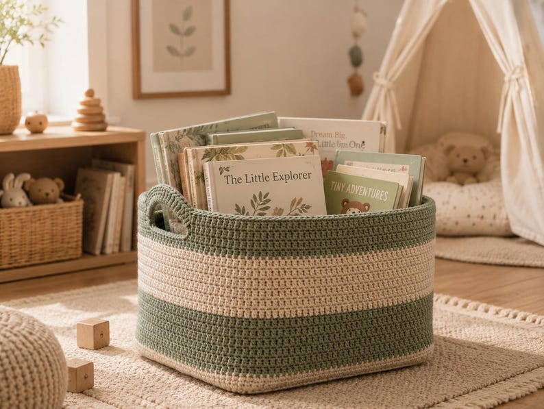 May include: A rectangular crochet storage basket featuring alternating horizontal stripes of sage green and cream yarn. The basket has integrated side handles and is filled with several children's books, including titles like The Little Explorer.