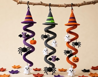 Halloween Wind Spinner Crochet Pattern PDF, Spiral Decoration, Witch Hat Ghost Pumpkin Gothic Decor