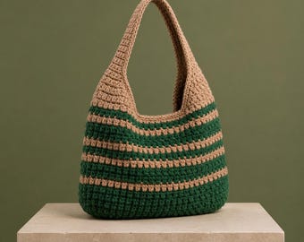 Crochet Hobo Bag Pattern | Forest Green Beige Striped Shoulder Tote PDF