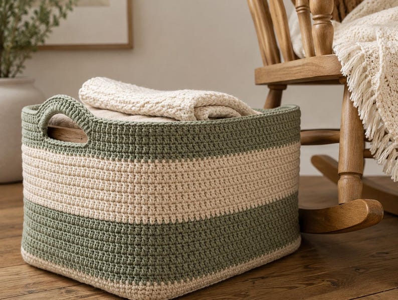 May include: A rectangular crochet storage basket featuring alternating horizontal stripes of sage green and cream yarn. The basket has integrated handles on the sides and contains a folded cream-colored textile item inside the main compartment.