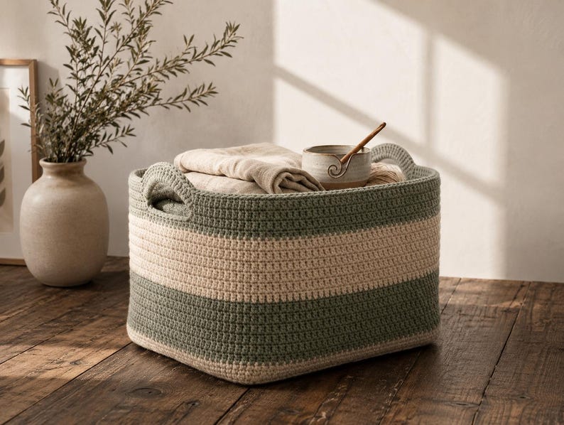 May include: A rectangular woven storage basket featuring horizontal stripes in sage green and cream. The basket has two integrated handles on the sides and is filled with folded beige fabric and a small ceramic bowl with a wooden spoon inside.