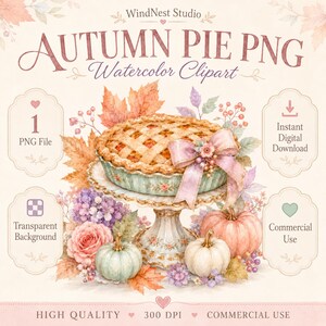 Imágenes prediseñadas de tarta otoñal en acuarela, diseño de calabaza estilo cottagecore para otoño (descarga digital)