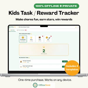 Puede incluir: Una pantalla de portátil que muestra una interfaz digital de seguimiento de tareas y recompensas para niños. La pantalla muestra perfiles de usuario con estrellas, una lista de tareas y un círculo naranja que dice Includes 4 templates.