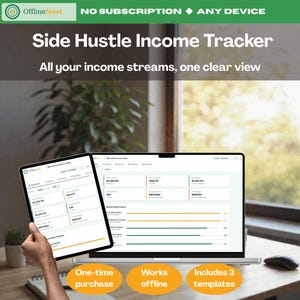 Könnte beinhalten: Ein digitaler Side Hustle Income Tracker auf einem Laptop-Bildschirm und einem Tablet. Die Benutzeroberfläche zeigt Finanz-Dashboards mit Einnahmen, Ausgaben und Fortschrittsbalken für Ziele. Text enthält No Subscription und Any Device.