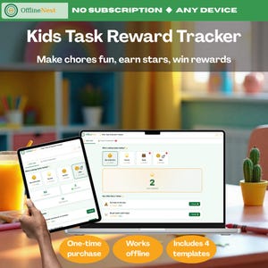 Puede incluir: Un rastreador digital de tareas y recompensas para niños en una computadora portátil y una tableta. La interfaz muestra listas de tareas, estrellas y perfiles. El texto incluye OfflineNest, No Subscription, Any Device, Make chores fun.