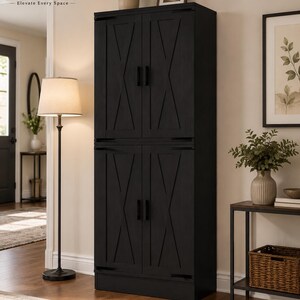 May include: A tall, black storage cabinet featuring four doors with a vertical X-shaped design and black rectangular handles. The cabinet is divided into two sections, each with two doors, providing a structured and symmetrical appearance.